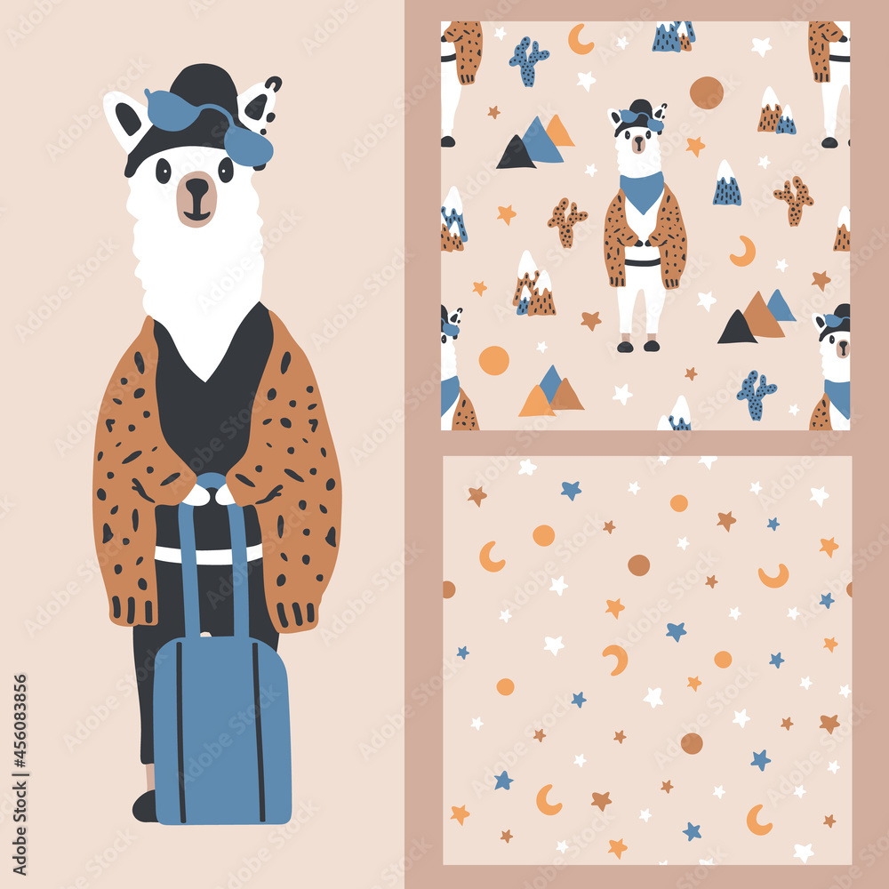 Fototapeta premium A set of vector cartoon seamless patterns with a llama with glasses and a hat. Background with moon and stars.For children's textile, baby shower, gift paper, greeting card, notebook, scrapbooking.