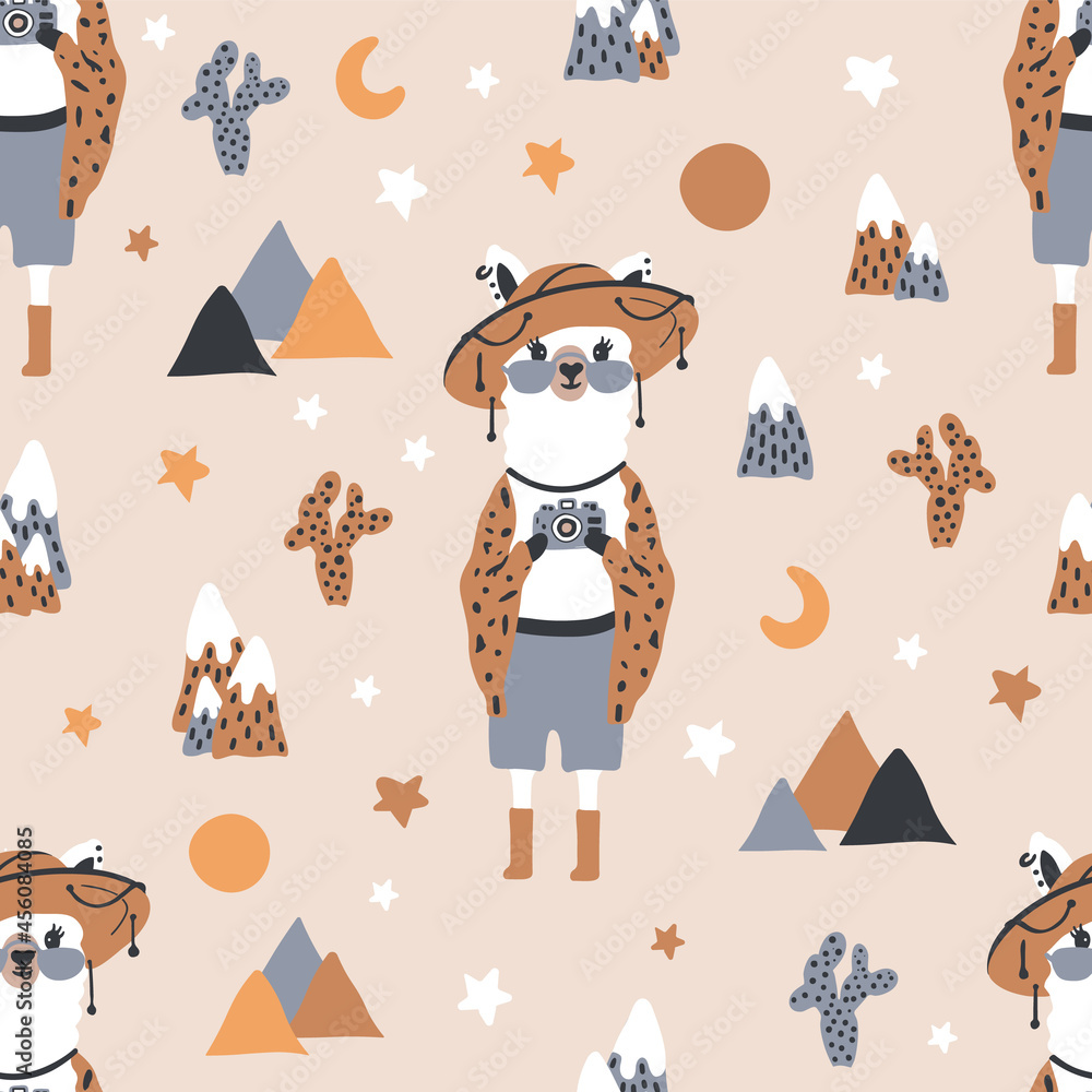 Fototapeta premium Funny cute seamless pattern with a llama in a hat against a background of mountains, cacti, and stars.Creative children's llama texture.For printing children's textiles, fabrics, decor, gift wrapping.