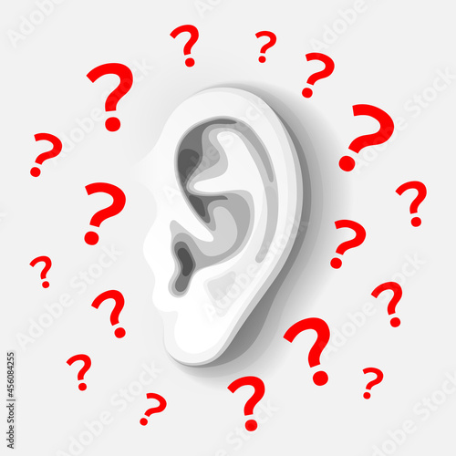 Human's ear in gray colors, and plenty of red question marks