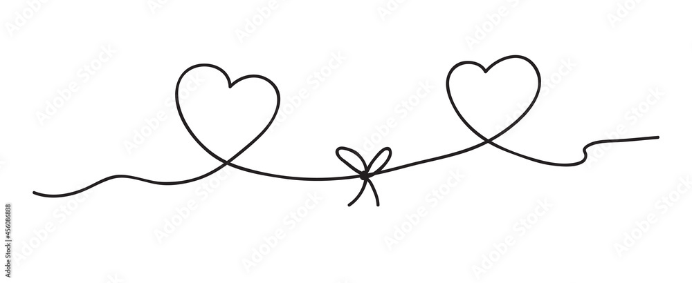Plakat Continuous line art drawing. Couple of hearts symbolize love. Abstract hearts woman and men or friends. Vector illustration.