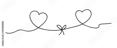Continuous line art drawing. Couple of hearts symbolize love. Abstract hearts woman and men or friends. Vector illustration.