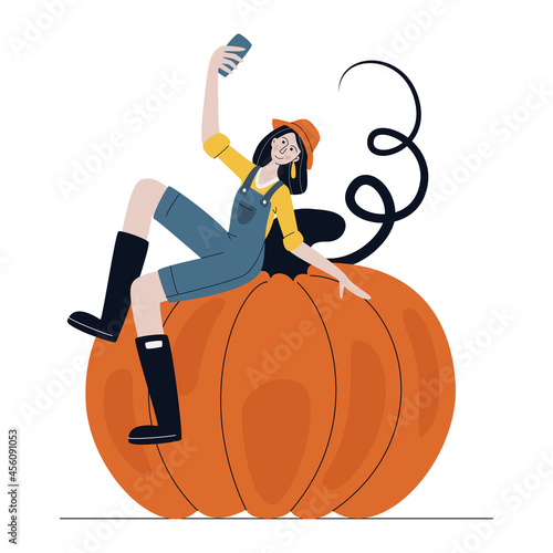 Farmer woman in modern style sitting on huge pumpkin and taking selfie on mobile phone. Harvesting,  Farm Market or Harvest Festival concept.  Cartoon vector illustration