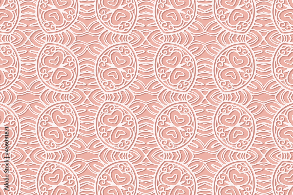 Geometric volumetric convex ethnic white 3D pattern with hearts, cover design. Embossed pink background, arabesque. Cut paper effect, openwork lace texture. Oriental, Indonesian, Asian motives.