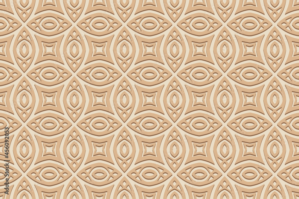 Geometric volumetric convex ethnic 3D pattern. Embossed artistic beige background. Cut paper effect, openwork lace texture, arabesque. Oriental, Indonesian, Asian motives.