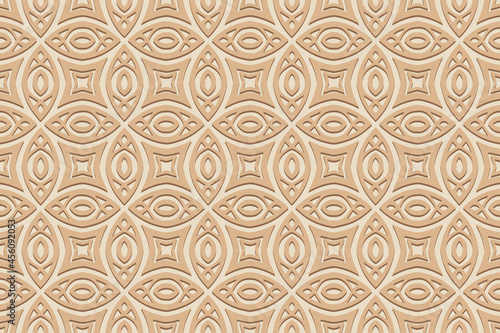 Geometric volumetric convex ethnic 3D pattern. Embossed artistic beige background. Cut paper effect, openwork lace texture, arabesque. Oriental, Indonesian, Asian motives.