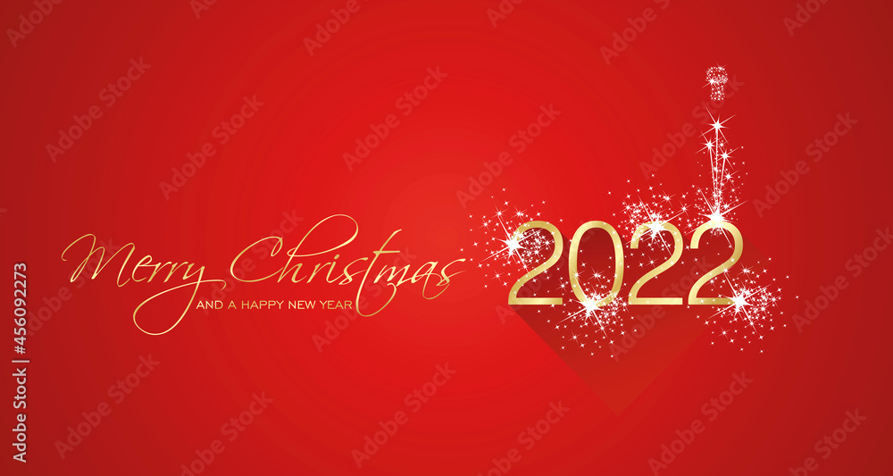 Merry Christmas beautiful calligraphy New Year 2022 shining firework gold white red greeting card