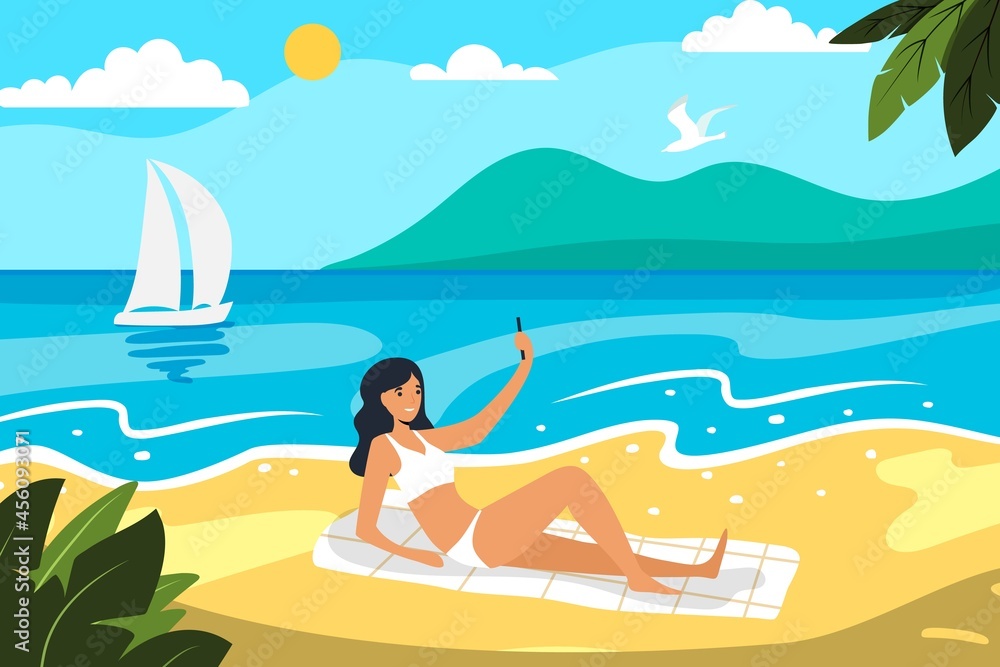 Selfie on the beach Sunbathing girl with mobile phone on the beach makes selfie on rest Flat vector illustration Concept young beautiful girl near sea Mountain on beach Season Hello summer