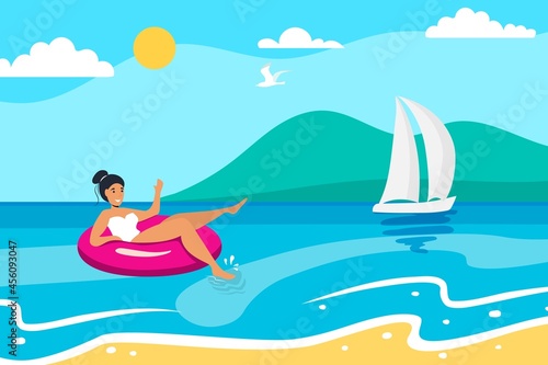 Summer girl swims on an inflatable rubber pink circle Beach with seascape seashore ahead in sunbeams Front view Summer holiday idyllic Summer seaside banner with a beautiful beach woman