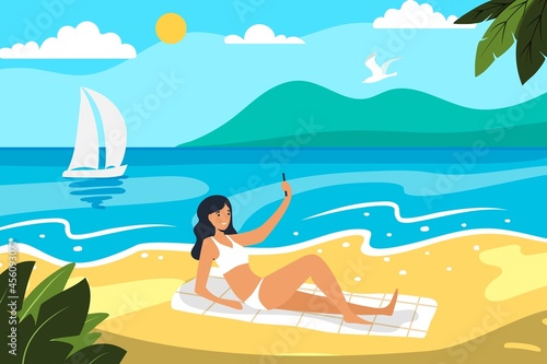 Selfie on the beach Sunbathing girl with mobile phone on the beach makes selfie on rest Flat vector illustration Concept young beautiful girl near sea Mountain on beach Season Hello summer © JulsIst
