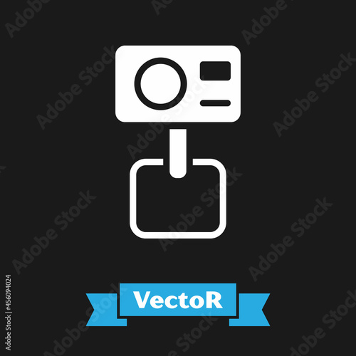 White Action extreme camera icon isolated on black background. Video camera equipment for filming extreme sports. Vector