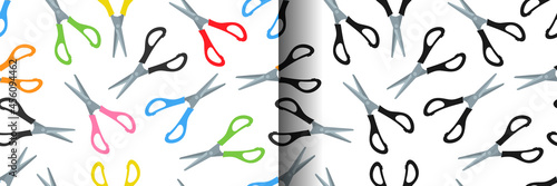 Seamless pattern with colorful scissors on white background. Wallpaper, wrapping, fabric and textile design. Vector illustration