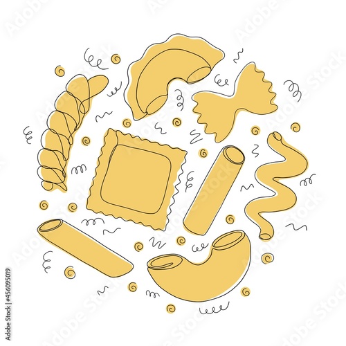 One line hand drawn pasta, icon set. macaroni various shapes, linear icons. Farfalle, Fusilli, Rigatoni, Ravioli, etc. Vector illustration. 