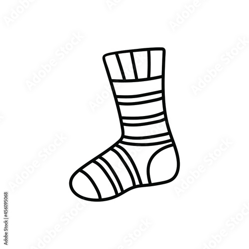 Contour image of a warm autumn sock. Black silhouette of knitted socks. Doodle icon of winter stockings. Simple black hand drawing for decoration. Vector clipart