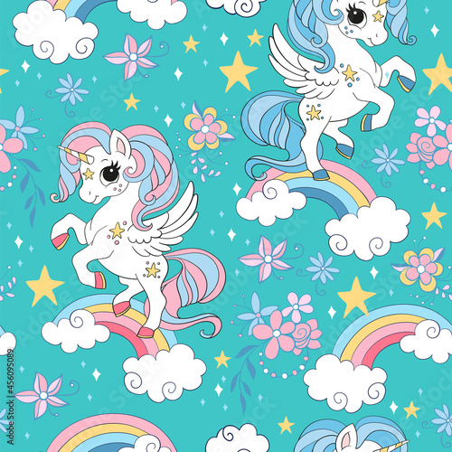 Vector seamless pattern with cute unicorns turquoise