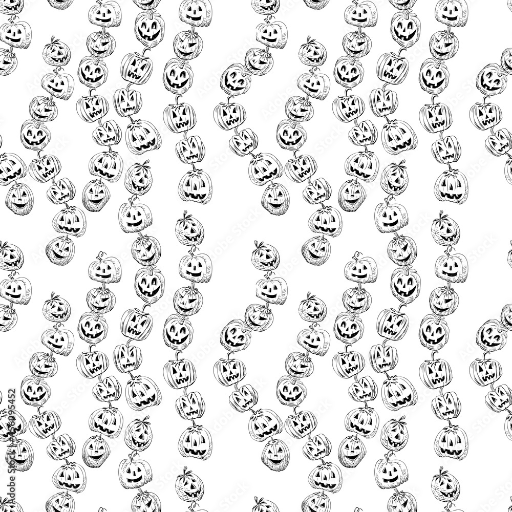Fototapeta premium Seamless pattern of sketches various halloween pumpkins