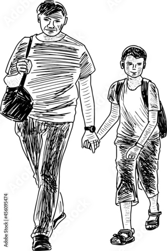 Sketch of father and his teen son walking outdoors together on summer day