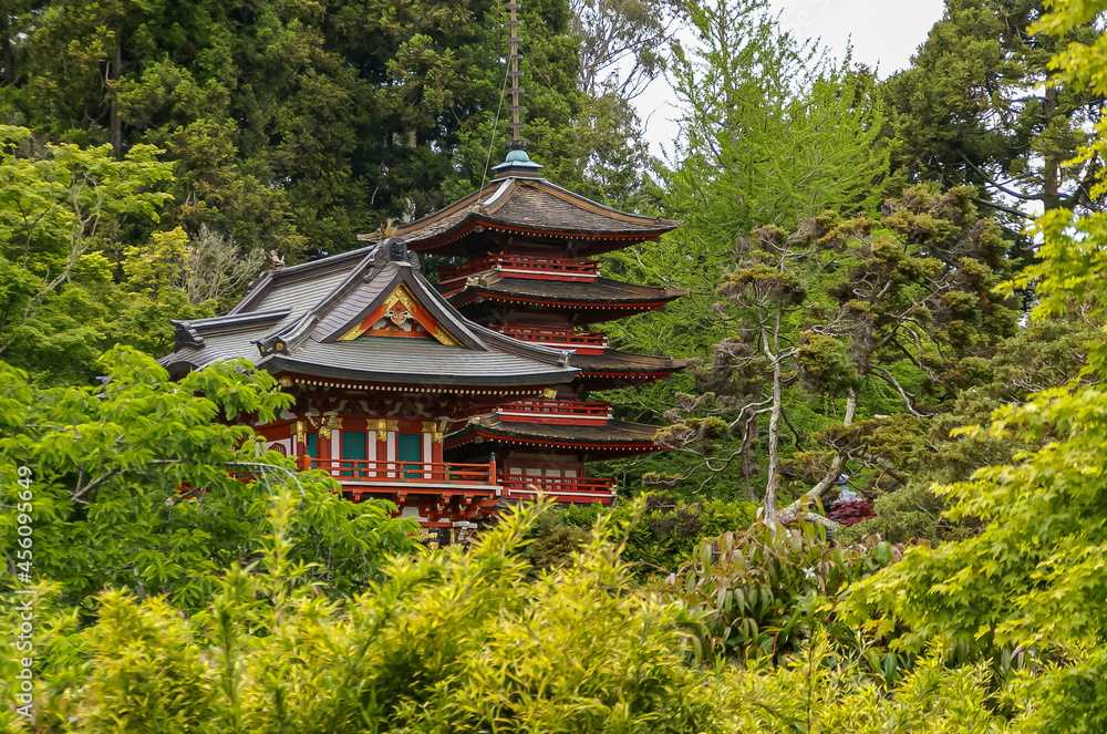 USA, California, San Francisco - May 19, 2008: Japanese Garden. Red0-brown pagoda peaks between different shades of green tree foliage. USA, California, San Francisco - May 19, 2008: Japanese Garden. Red0-brown pagoda peaks between different shades of green tree foliage.