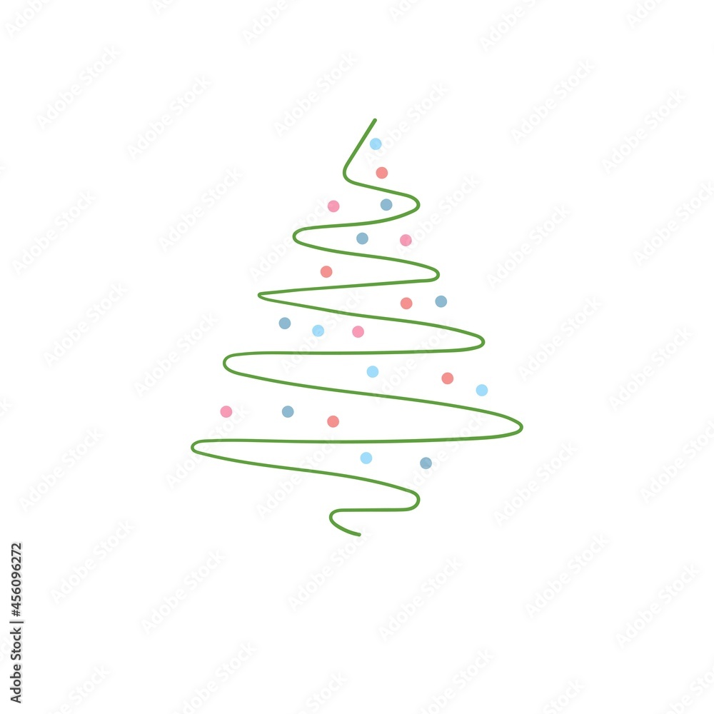 Christmas tree silhouette one line drawing with color circles, vector illustration Christmas tree silhouette one line drawing with color circles, vector illustration