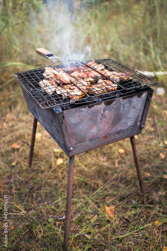 Grilled meat cooked in a metal grill outdoors.