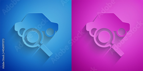 Paper cut Car sharing icon isolated on blue and purple background. Carsharing sign. Transport renting service concept. Paper art style. Vector