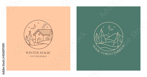 Vector linear boho emblem with winter forest landscape and house.New Year festive logos with house,firs,snow hills,moon,stars.Modern ski resort labels in minimal style.Holiday celebration concept