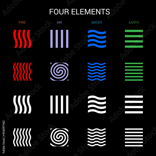 Four Elements of Nature Fire, Air, Water, Earth. Simple Templates for Renewable Ecology Logos, Emblems, or Cards. Abstract Concept of Alternative Energy Sources on Black Background