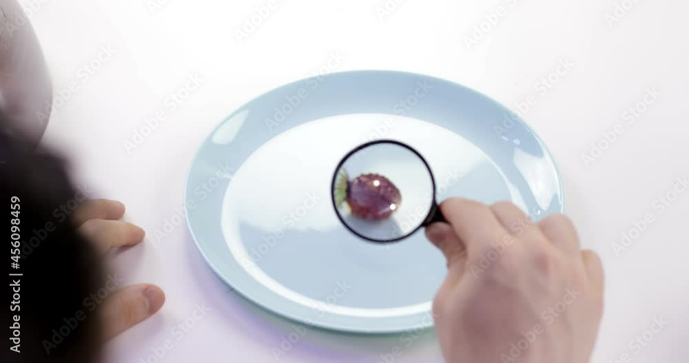 Strawberries under a magnifying glass. The girl looks at a delicious berry. Strawberries under a magnifying glass. The girl looks at a delicious berry.