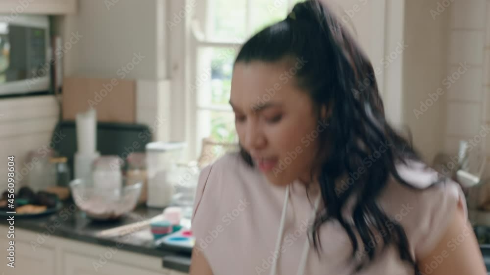 happy overweight teenage girl dancing in kitchen having fun celebrating healthy diet preparing food at home enjoying lifestyle commitment happy overweight teenage girl dancing in kitchen having fun celebrating healthy diet preparing food at home enjoying lifestyle commitment