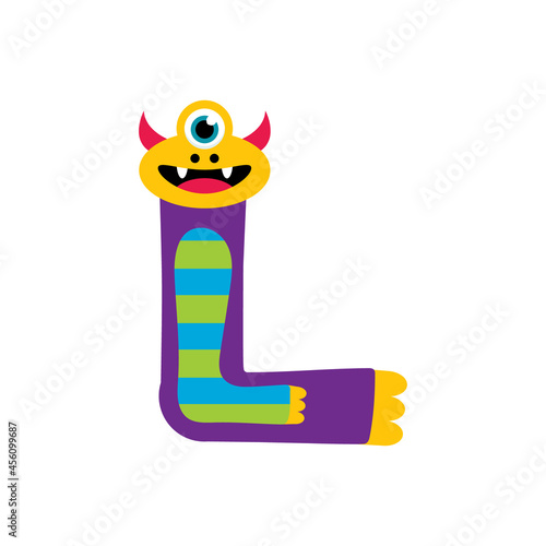Happy Monsters Vector Alphabet Letters, for classroom poster, stickers or magnets. Letter L in funny cartoon colorful style for kids education.