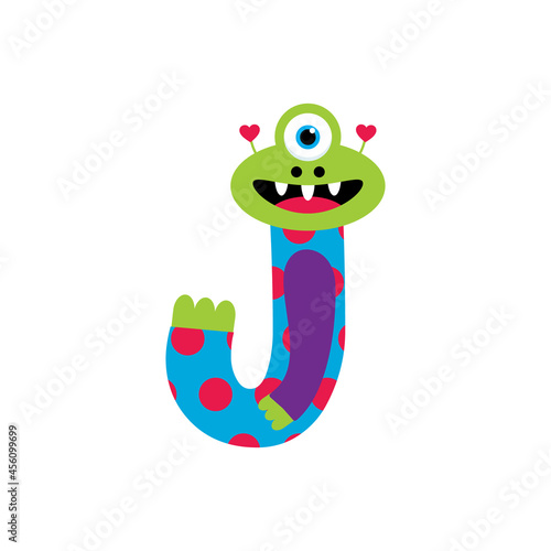 Happy Monsters Vector Alphabet Letters, for classroom poster, stickers or magnets. Letter J in funny cartoon colorful style for kids education.