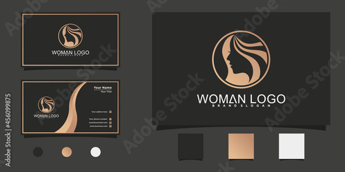Modern woman hair salon logo with cool circular line art style and business card design Premium vektor
