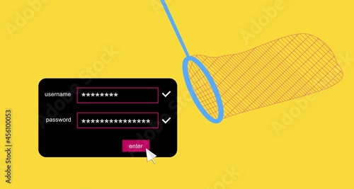 Compromised access. HACKING ALERT. Fishing LANDING NET. Login phishing attacks. Fisherman trying to steal the password and username, an attempted intrusion. Elements isolated.
