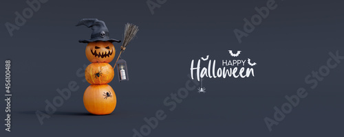 Halloween Pumpkins greeting card on black background 3D Render 3D illustration