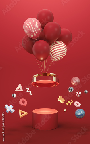 Balloons and Presents with red background, 3d rendering.