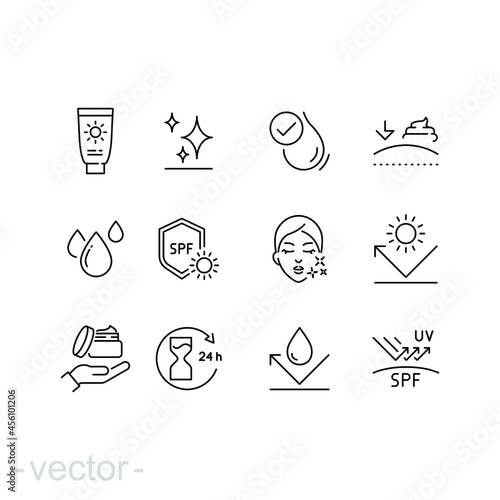 Care skin icon set. Face, skincare, sunscreen, cream, facial, clean, hair, routine, makeup, cleanser, scrub, uv, elasticity, pictogram, beauty concept. thin line symbol vector editable stroke EPS 10