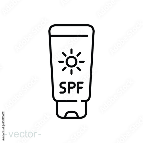 Sun cream bottle icon. Simple outline style. Tube sunblock, spf, protection, uv, sunscreen concept. Vector illustration isolated on white background. Thin line symbol. Editable stroke EPS 10