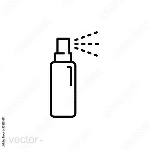 Bottle spray icon. Simple outline style. Deodorant, pump, antiseptic plastic packaging, liquid, clean, beauty care concept. Vector illustration isolated on white background. Editable stroke EPS 10