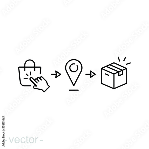 Click, collect order icon. Thin line style. Buy online, pick up, delivery point, food box, store, convenient, commerce concept. Vector illustration isolated on white background editable stroke EPS 10