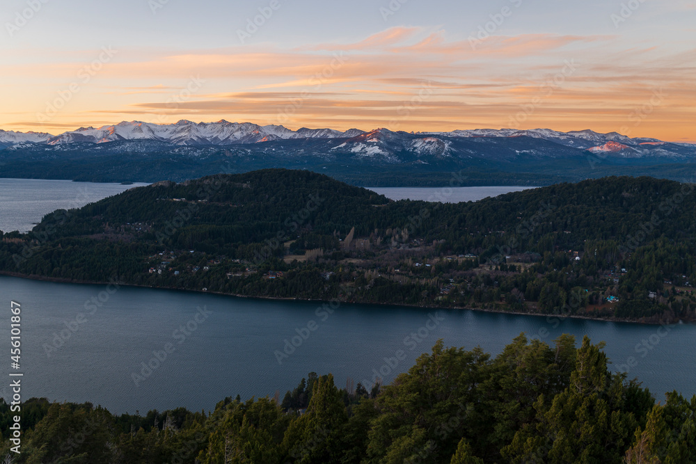 Spectacular view of the Nahuel Huapi National Park in the cities of San Carlos de Bariloche, Patagonia, Argentina. View from Cerro Campanario.