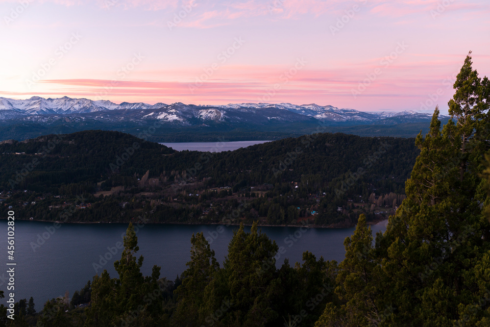 Beautiful view of the Nahuel Huapi National Park and the Andes Mountains, at sunset from the viewpoint of Cerro Campanario. Bariloche, Argentina.