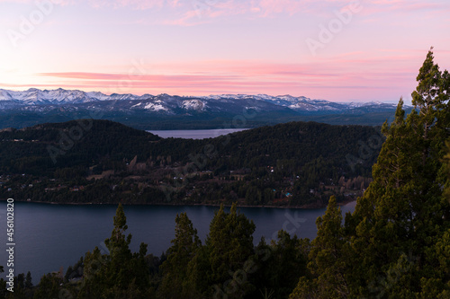 Beautiful view of the Nahuel Huapi National Park and the Andes Mountains, at sunset from the viewpoint of Cerro Campanario. Bariloche, Argentina.