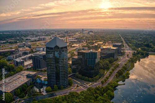 Aerial View of the Business District of Edina, Minnesota at Sunrise photo