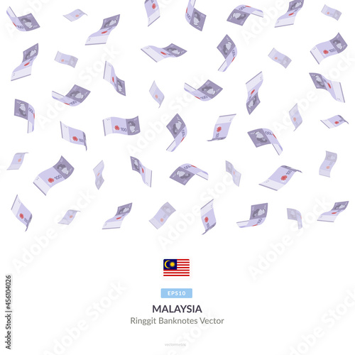 100 Malaysian Ringgit Raining Falling, Malaysia Ringgit Vector Illustration, Malaysia Ringgit money rain set bundle banknotes