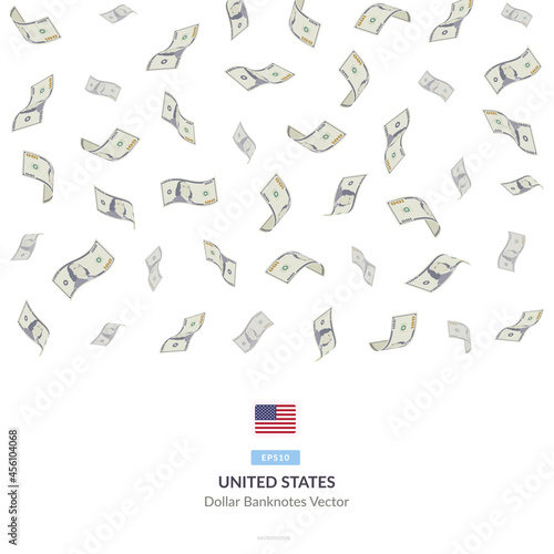100 United States Dollar Raining Falling, America Dollar Vector Illustration, America Dollar money rain set bundle banknotes