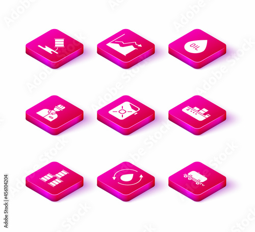 Set Barrel oil, Oil drop, Oilman, Canister for motor, railway cistern, tanker ship, and price increase icon. Vector
