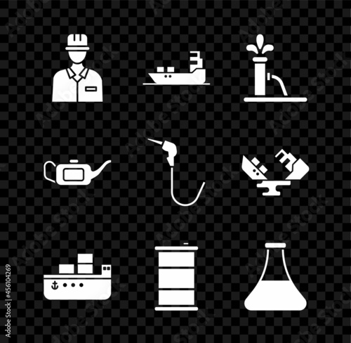 Set Oilman, tanker ship, pump or pump jack, Barrel oil, petrol test tube, Canister for motor and Gasoline nozzle icon. Vector