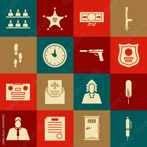 Set Pen, Feather pen, Police badge, Stacks paper money cash, Clock, Footsteps, Jurors and Pistol gun with silencer icon. Vector