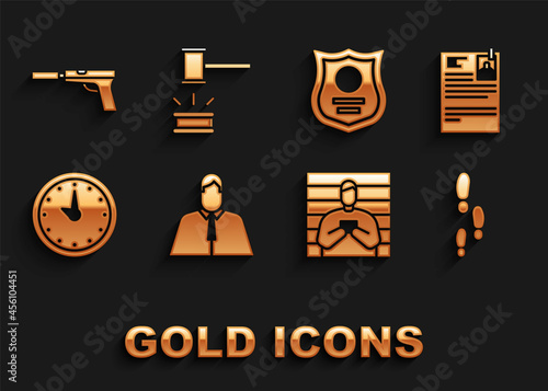 Set Lawyer, attorney, jurist, Lawsuit paper, Footsteps, Suspect criminal, Clock, Police badge, Pistol gun with silencer and Judge gavel icon. Vector