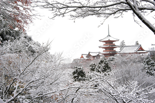 Snowy morning of KIYOMIZUDERA temple, Kyoto Higashiyama district