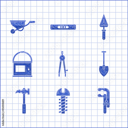 Set Drawing compass, Metallic screw, Clamp tool, Shovel, Claw hammer, Paint bucket, Trowel and Wheelbarrow icon. Vector photo